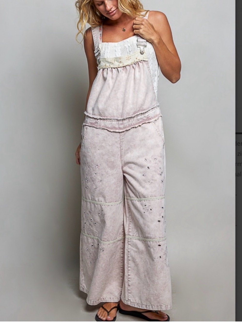 NWOT POL “Susan” Washed Blush Wide-Leg Overalls Jumpsuit with Eyelet Details - Picture 2 of 9